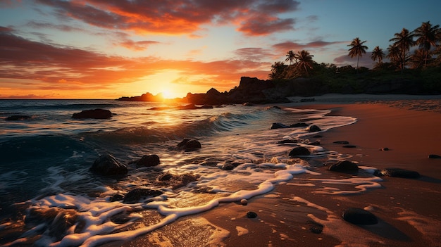 Coucher de soleil sur une belle plage de cocotiers