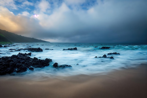 Coucher de soleil sur une belle plage. Mer calme