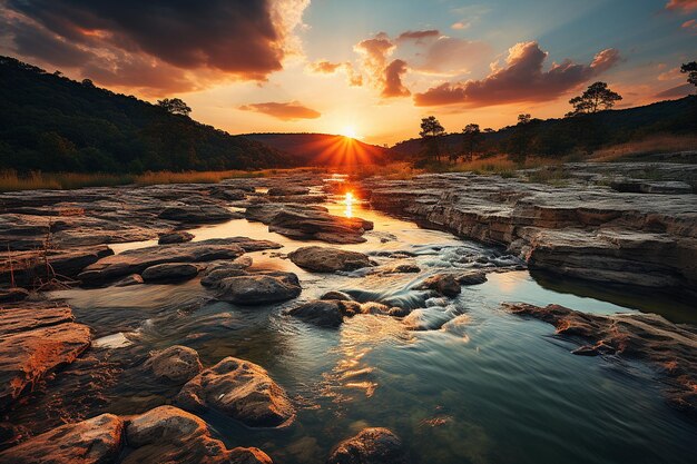 Le coucher de soleil sur le bend du fleuve