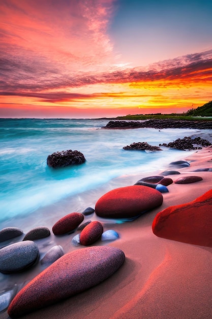 Coucher de soleil sur le bord de mer avec ai générative de plage de pierre