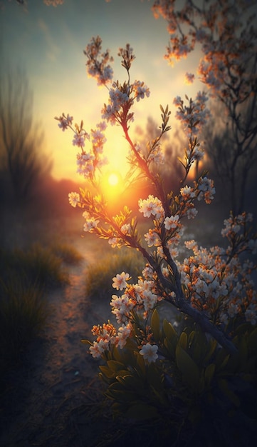 Un coucher de soleil avec une branche de fleurs