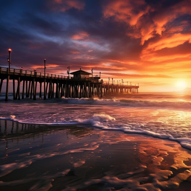 Coucher de soleil brillant chassant les vagues à la jetée HD SurfCity