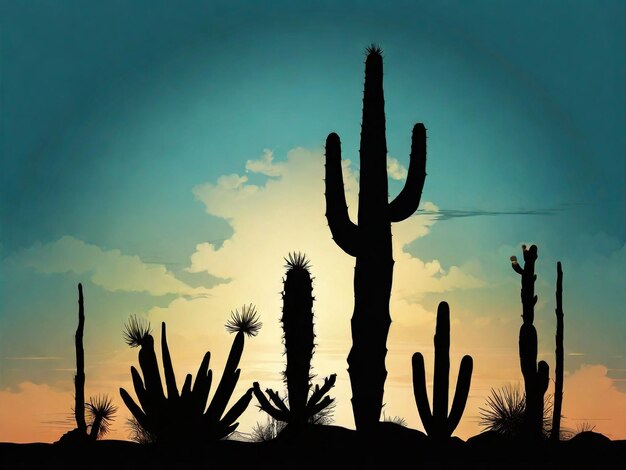 Photo un coucher de soleil avec des cactus et le ciel en arrière-plan