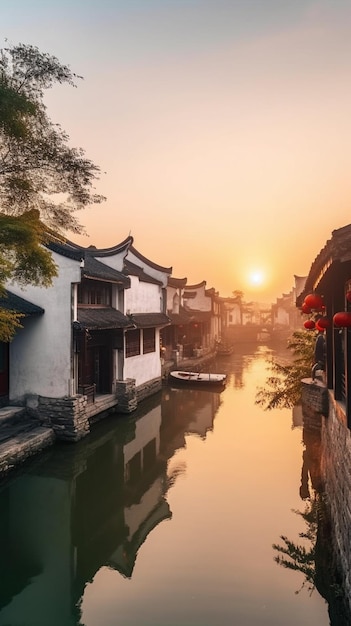 Un coucher de soleil sur un canal avec un bateau au premier plan et un bâtiment avec des lanternes chinoises suspendues au-dessus.