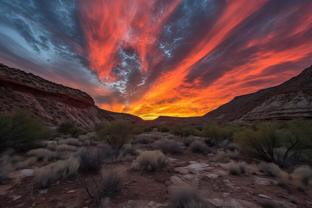 Coucher de soleil sur le canyon ardent avec des nuages silhouettés et un ciel dramatique créé avec une IA générative