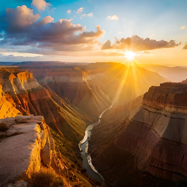 Un coucher de soleil sur un canyon traversé par une rivière.