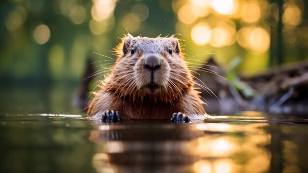 Photo un coucher de soleil captivant un majestueux castor nageant sous l'eau