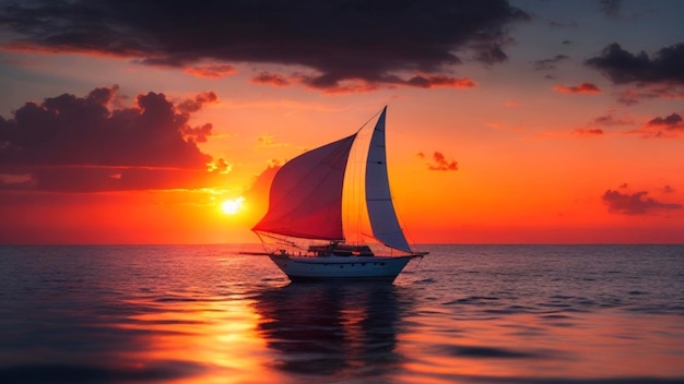 Coucher de soleil captivant sur l'océan avec un voilier en résolution 8K