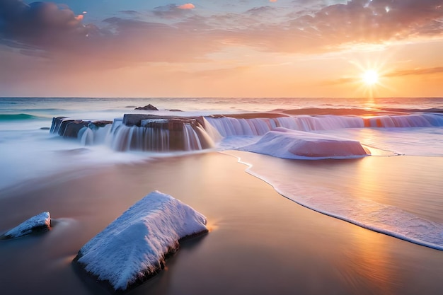 Un coucher de soleil sur une cascade avec le soleil couchant derrière