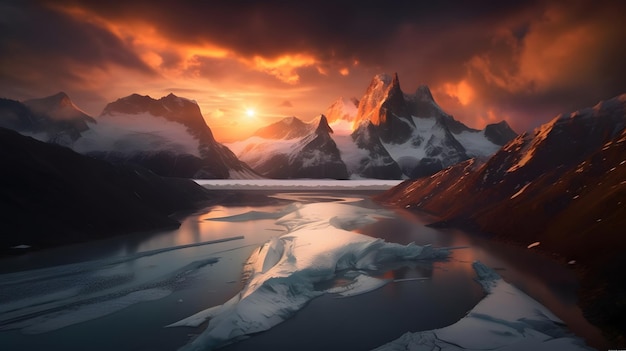 Un coucher de soleil sur une chaîne de montagnes avec des montagnes et des nuages