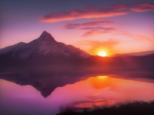 Un coucher de soleil sur une chaîne de montagnes, une scène tranquille reflétant la beauté de la nature.