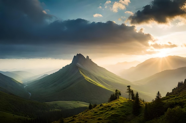 Un coucher de soleil sur une chaîne de montagnes.