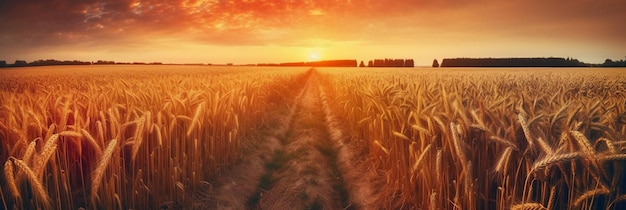 Un coucher de soleil avec un champ de blé en arrière-plan