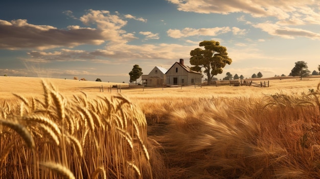 Coucher de soleil sur un champ de blé et une ferme en arrière-plan