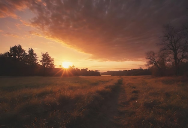 un coucher de soleil avec un champ et un chemin menant à un champ