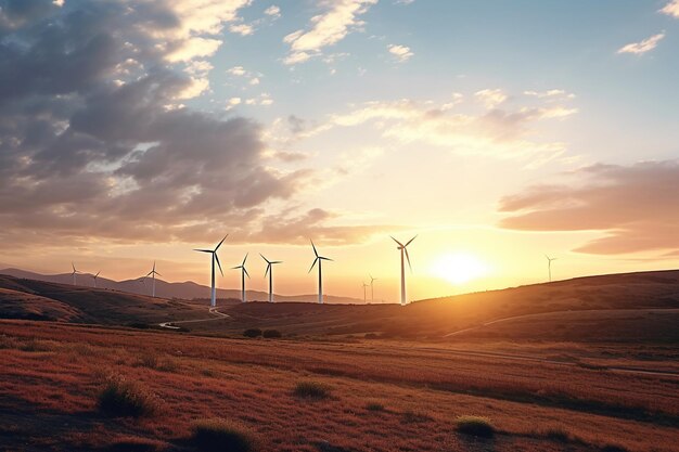 Le coucher de soleil sur un champ de collines vallonnées avec des éoliennes