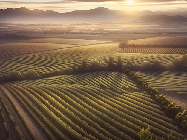 Un coucher de soleil sur un champ de cultures avec des montagnes en arrière-plan