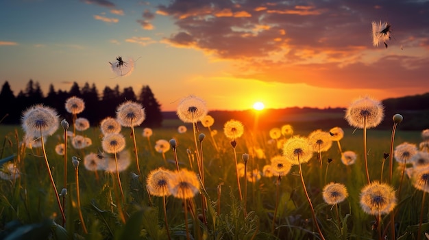 coucher de soleil sur le champ dans une prairie