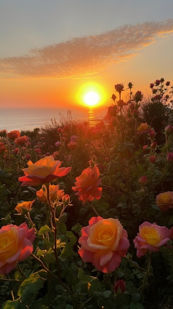 Coucher de soleil sur un champ de fleurs avec un coucher de soleil en arrière-plan.