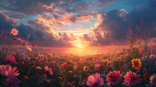 Photo le coucher de soleil sur un champ de fleurs sauvages en fleurs