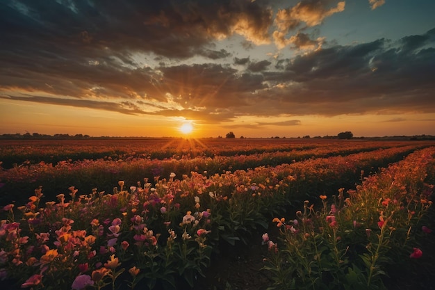 Le coucher de soleil sur le champ de fleurs