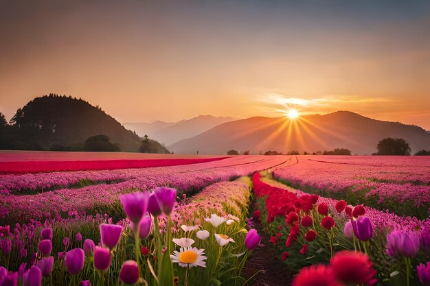 Le coucher de soleil sur un champ de fleurs