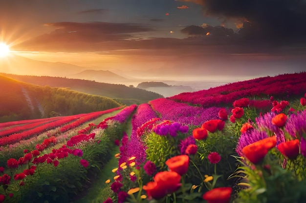 Le coucher de soleil sur un champ de fleurs