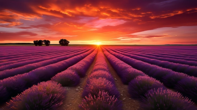 Un coucher de soleil sur un champ de lavande créant une scène colorée