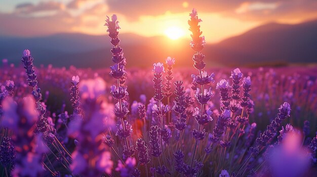 Photo le coucher de soleil sur un champ de lavande en fleur