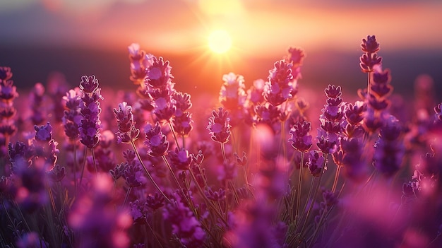 Photo le coucher de soleil sur un champ de lavande en fleur