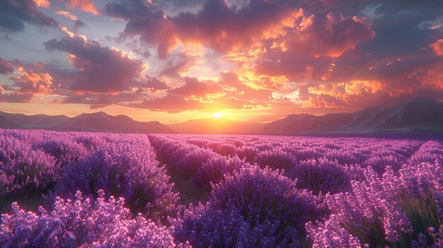 Photo le coucher de soleil sur un champ de lavande en fleurs