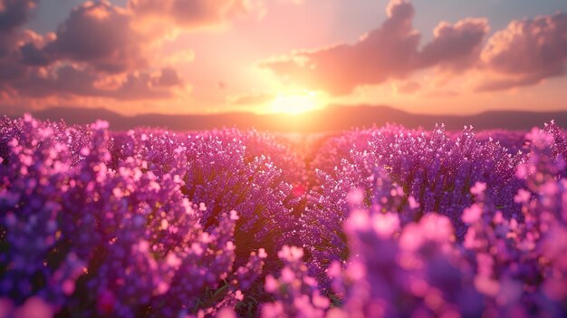 Photo le coucher de soleil sur un champ de lavande en fleurs