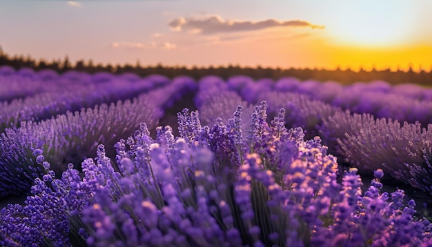 Coucher de soleil sur un champ de lavande violette