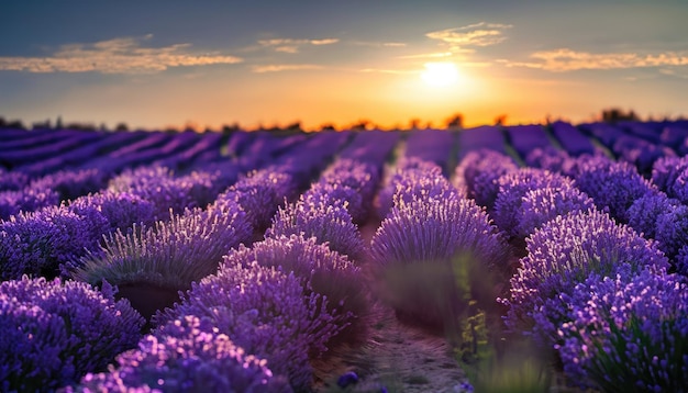 Coucher de soleil sur un champ de lavande violette