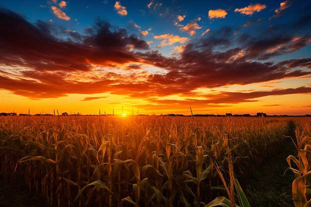 Le coucher de soleil sur un champ de maïs avec un ciel bleu et des nuages