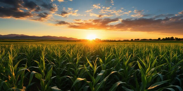 Le coucher de soleil sur un champ de maïs avec des montagnes en arrière-plan Paysage agricole