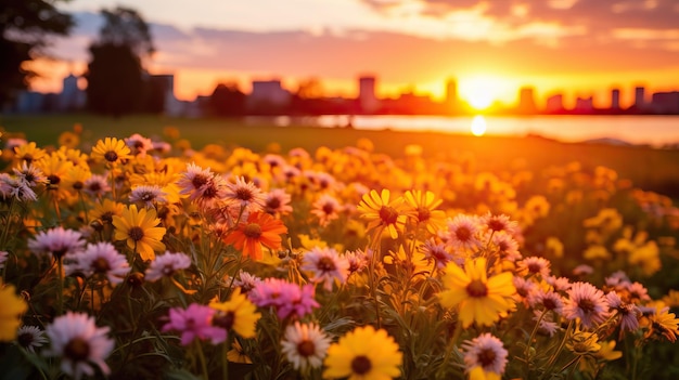 Coucher de soleil sur le champ de marguerites