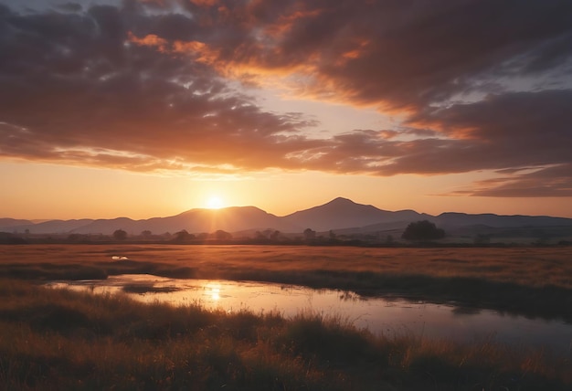 un coucher de soleil sur un champ avec des montagnes en arrière-plan