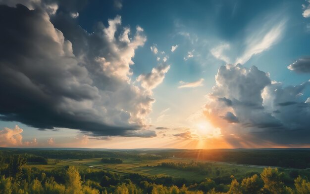 Un coucher de soleil sur un champ avec des nuages et le soleil qui brille à travers les nuages