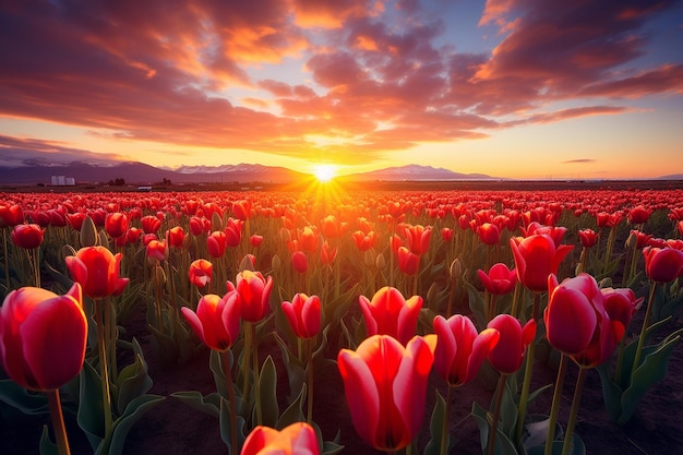 Le coucher de soleil sur un champ de tulipes en fleurs