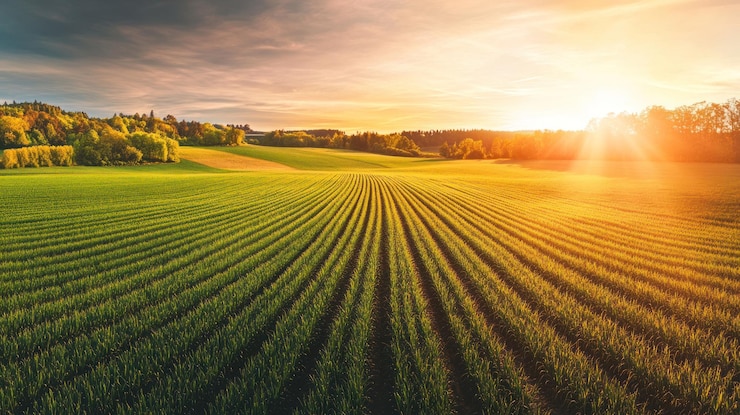 Photo le coucher de soleil sur le champ vert