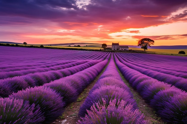 Photo le coucher de soleil sur les champs de lavande avec la pittoresque ferme