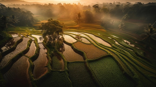 coucher de soleil champs Vietnam paysage panorama ultra large plan 16k drone hélicoptère vue dji mavic