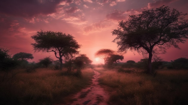 Un coucher de soleil avec un chemin menant à l'horizon