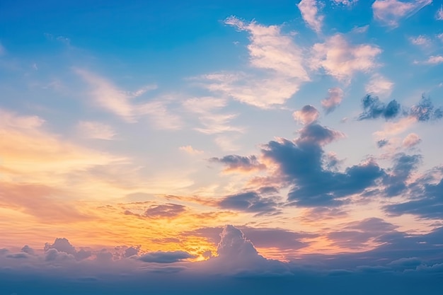 Un coucher de soleil avec un ciel bleu et des nuages