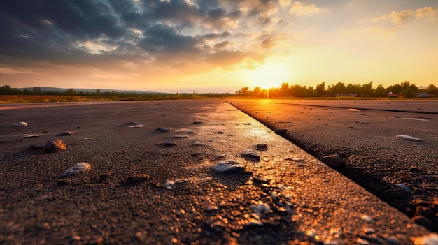 Un coucher de soleil avec un ciel nuageux et une route avec un panneau indiquant "la route est la limite"