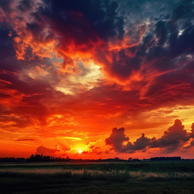 Un coucher de soleil avec un ciel rouge et des nuages