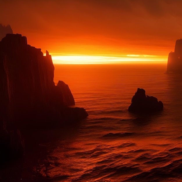 Un coucher de soleil avec un ciel rouge et quelques nuages