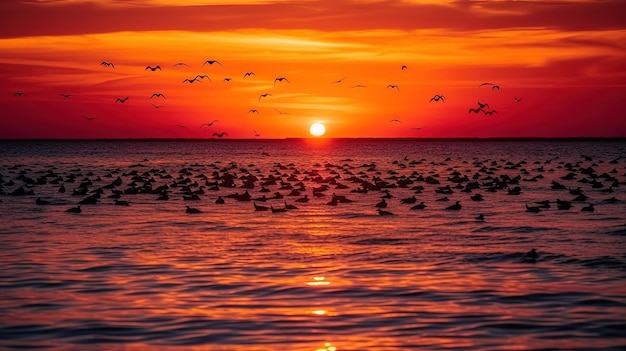 Un coucher de soleil avec un ciel rouge et une volée d'oiseaux volant au-dessus de l'eau.