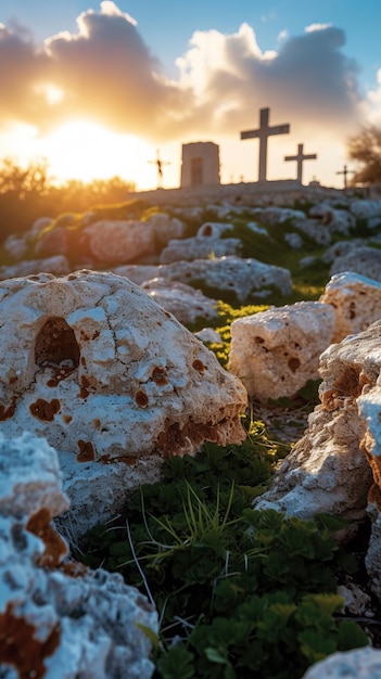 Photo le coucher de soleil sur une colline rocheuse avec une croix